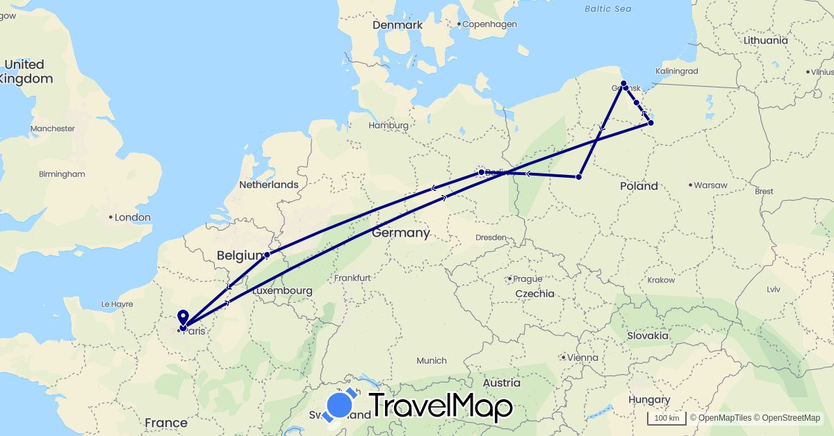 TravelMap itinerary: driving in Belgium, Germany, France, Poland (Europe)
