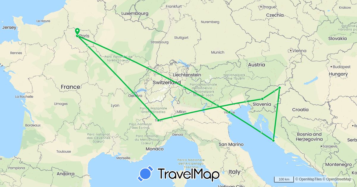 TravelMap itinerary: driving, bus in France, Croatia, Italy, Slovenia (Europe)
